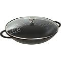 wok in ghisa per induzione colore nero con maniglie e coperchio in vetro diam. 37cm
