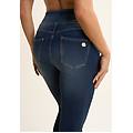 pantaloni vita alta a incrocio in jersey denim effetto used denim indigo+beige seams donna small