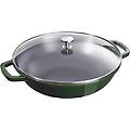 wok in ghisa per induzione colore verde con maniglie e coperchio in vetro diam. 30cm