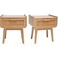 comodini con cassetto in legno massello chiaro e motivo a intreccio in rattan l50 cm (set di 2)