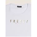 t-shirt in jersey con logo oro chiaro sul fronte bianco donna extra small