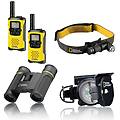 kit camping include un binocolo 8x21. una torcia. walkie talkie e una bussola.