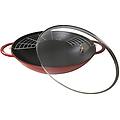 wok in ghisa per induzione colore rosso con maniglie e coperchio in vetro diam. 37cm