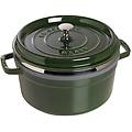 casseruola tonda in ghisa per induzione colore verde con maniglie coperchio e cestello vapore diam.