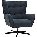 poltrona scandinava girevole in tessuto effetto velluto testurato blu scuro e metallo avery