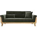 divano scandinavo 3 posti in tessuto effetto velluto verde kaki e legno chiaro fjord