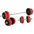 set bilanciere e dischi 65kg totali per workout in casa. rosso