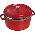 casseruola tonda in ghisa per induzione colore rosso con maniglie coperchio e cestello vapore diam.