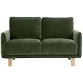 divano design 2 posti in tessuto effetto velluto verde kaki e legno chiaro bono