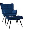 poltrona con poggiapiedi design in tessuto velluto blu scuro e metallo nero mood