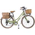 bicicletta elettrica da città dolce vita donna con borse e cesto verde oliva