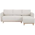 divano letto angolare reversibile 3-4 posti in tessuto effetto velluto testurizzato beige e legno
