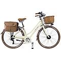 bicicletta elettrica da città dolce vita donna con borse e cesto panna