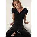 pantaloni vita alta a incrocio in jersey denim effetto used jeans nero-cuciture in tono donna extra