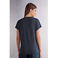 maglia manica corta con scollo a v in lino donna blu taglia s