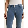 jeggings push up wr. up con vita bassa e fondo flare denim blu medio-yellow seams donna extra large