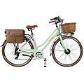 bicicletta elettrica da città dolce vita donna con borse e cesto verde chiaro