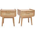 comodini con cassetto in legno massello chiaro e motivo a intreccio in rattan (set di 2)